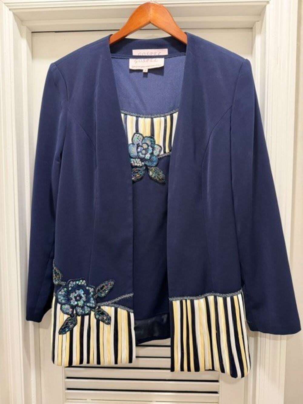 G.O.S.P.E.L. 2 piece Suit Jacket Sleeveless Top Set Navy Beaded Floral Stripe 18